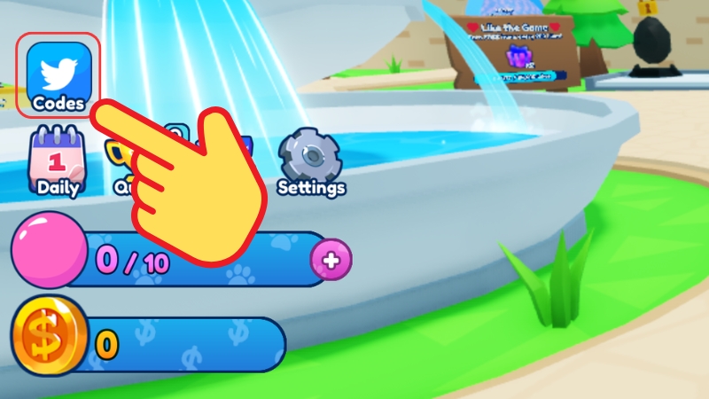 V&agrave;o game Bubble Gum Simulator INFINITY > Chọn Codes (Biểu tượng logo X - Twitter cũ)