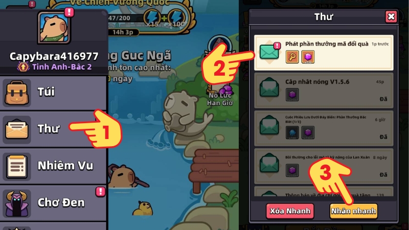 Mở Thư > Chọn Nhận nhanh để lấy hết quà Mở Thư > Chọn Nhận nhanh để lấy hết quà