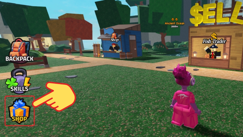 Chi tiết cách nhập code Go Fishing mới nhất: chọn Shop biểu tượng hộp quà trong game Roblox