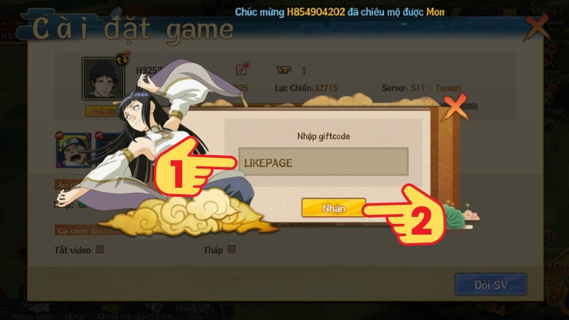 Nhập code > Bấm Nhận để lấy qu&agrave;