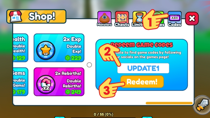 Chọn Codes > Nhập code > Bấm Redeem để nhận qu&agrave;.