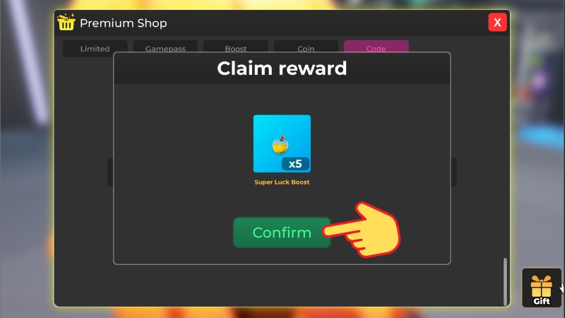 Qu&agrave; hiện l&ecirc;n, bấm Confirm để nhận qu&agrave; (nếu code nhập đ&uacute;ng v&agrave; c&ograve;n hạn)