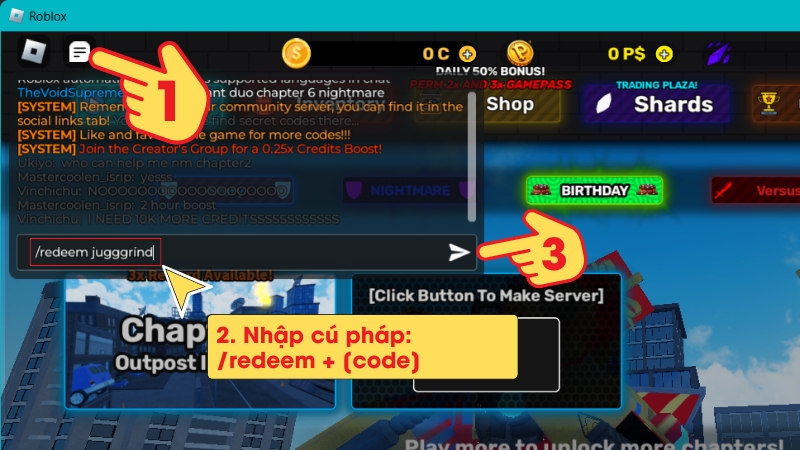 V&agrave;o game Skibi Defense, chọn biểu tưởng nhắn tin ở g&oacute;c tr&aacute;i tr&ecirc; (1) > G&otilde; v&agrave;o hộp thư c&uacute; ph&aacute;p /redeem + m&atilde; code (2) > Bấm gửi (3)