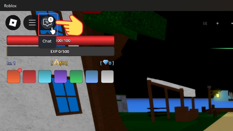 V&agrave;o game Verse Piece > Chọn Chat (g&oacute;c tr&aacute;i tr&ecirc;)