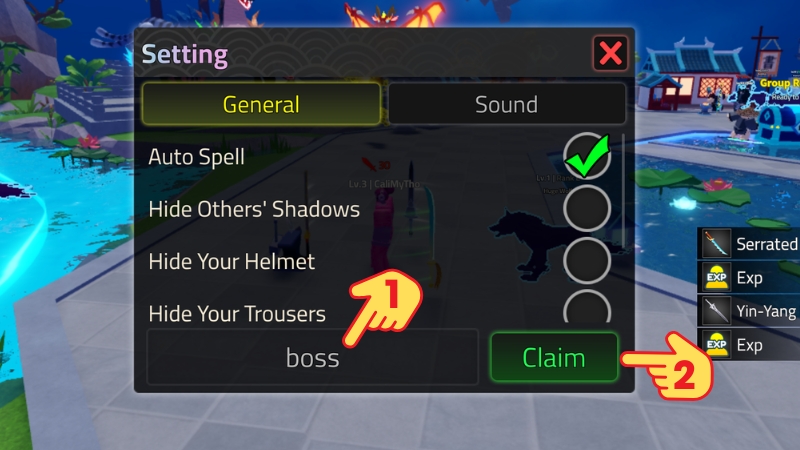 Tại tab General nhập code > Bấm Redeem