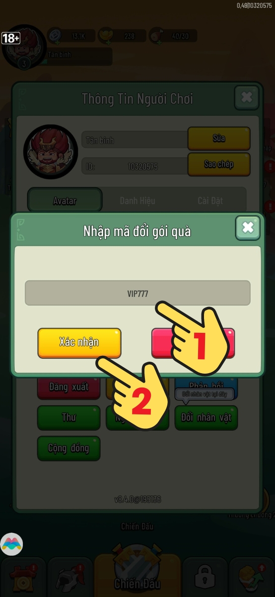 Nhập code v&agrave; bấm OK