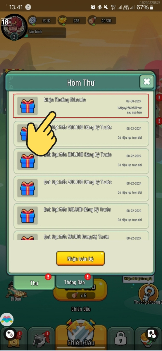 Chọn thư Nhận thưởng Giftcode