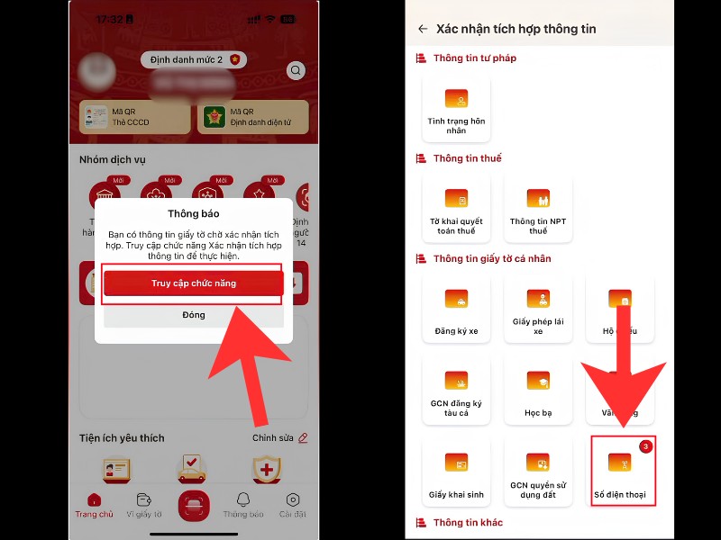 Tại mục Th&ocirc;ng tin giấy tờ c&aacute; nh&acirc;n h&atilde;y chọn v&agrave;o Số điện thoại.