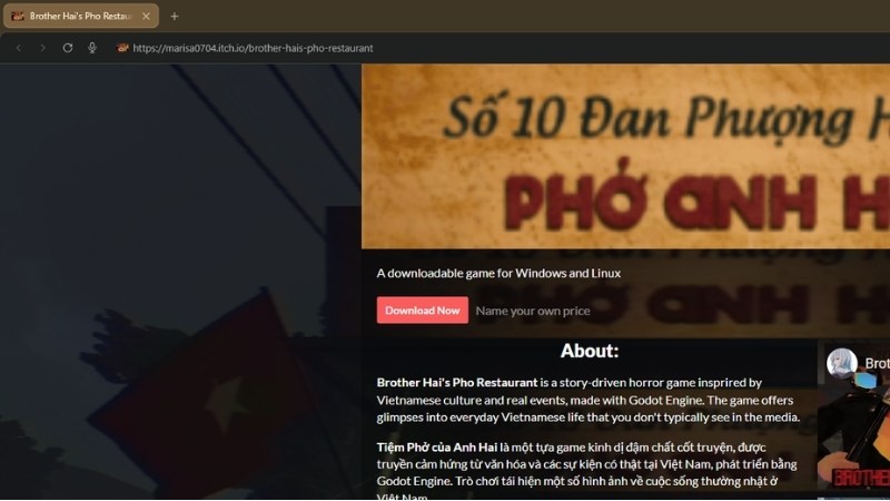 Truy cập trang tải tr&ecirc;n nền tảng Itch.io tại địa chỉ: https://marisa0704.itch.io/brother-hais-pho-restaurant.