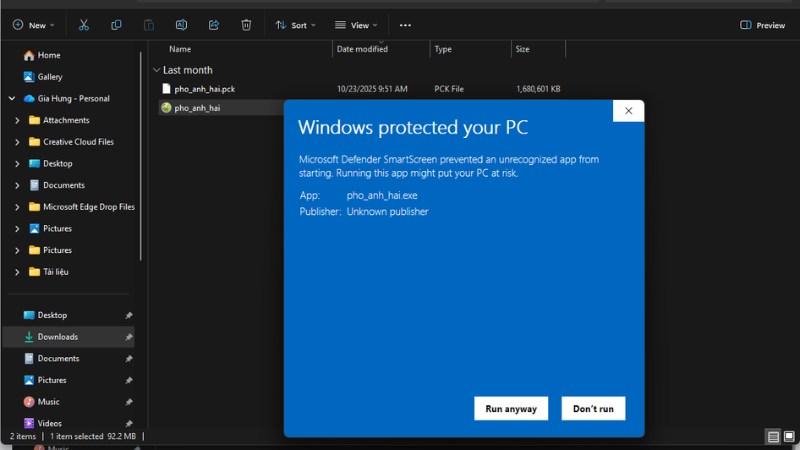 Chọn Run Anyway l&agrave; chạy được nh&eacute;