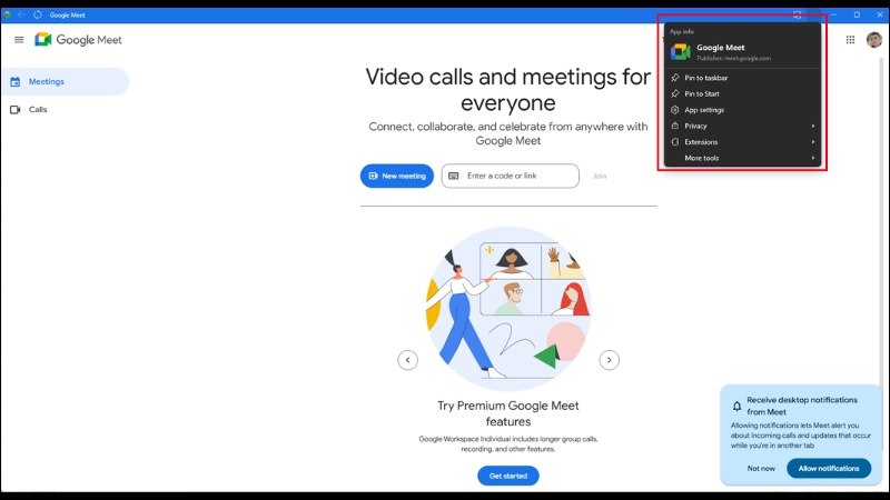 Google Meet sẽ hiển thị như một ứng dụng độc lập trên máy tính Google Meet sẽ hiển thị như một ứng dụng độc lập trên máy tính