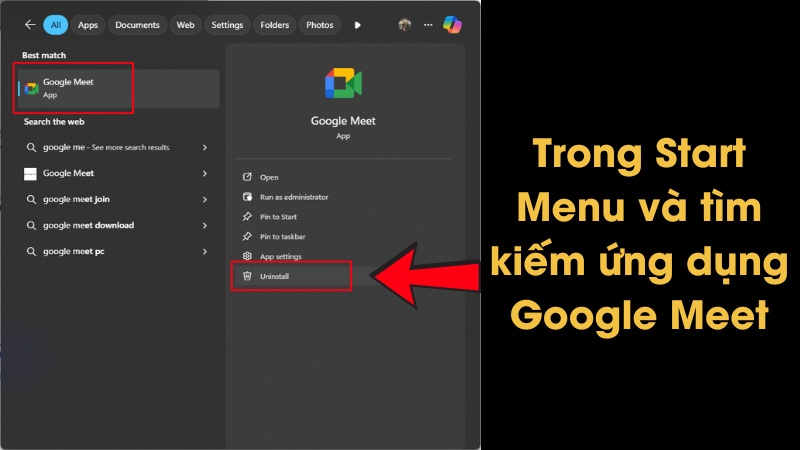 Gỡ cài đặt ứng dụng Google Meet từ Start Menu (trên Windows) Gỡ cài đặt ứng dụng Google Meet từ Start Menu (trên Windows)