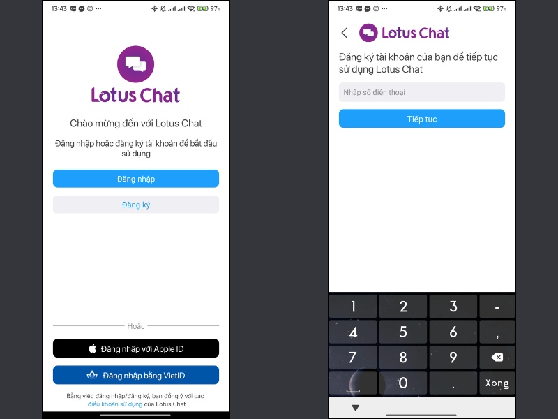 V&agrave;o ứng dụng Lotus Chat v&agrave; chọn Đăng k&yacute;