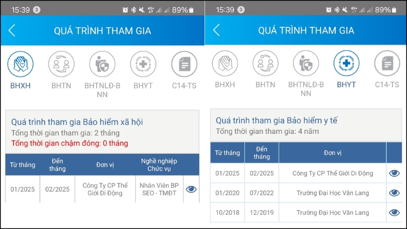 Kết quả th&ocirc;ng tin thời gian tham gia đ&oacute;ng bảo hiểm
