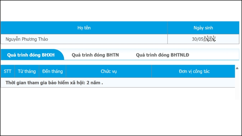Kết quả th&ocirc;ng tin thời gian tham gia đ&oacute;ng bảo hiểm x&atilde; hội (BHXH)