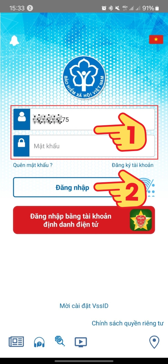 Đăng nhập v&agrave;o ứng dụng VSSID 