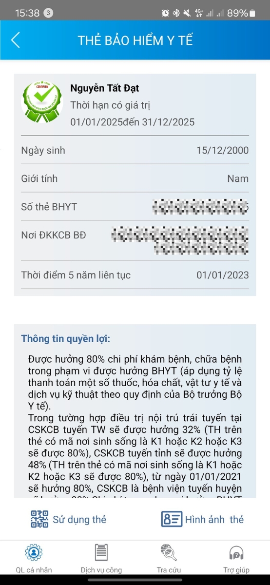 Th&ocirc;ng tin c&aacute; nh&acirc;n BHYT của bản