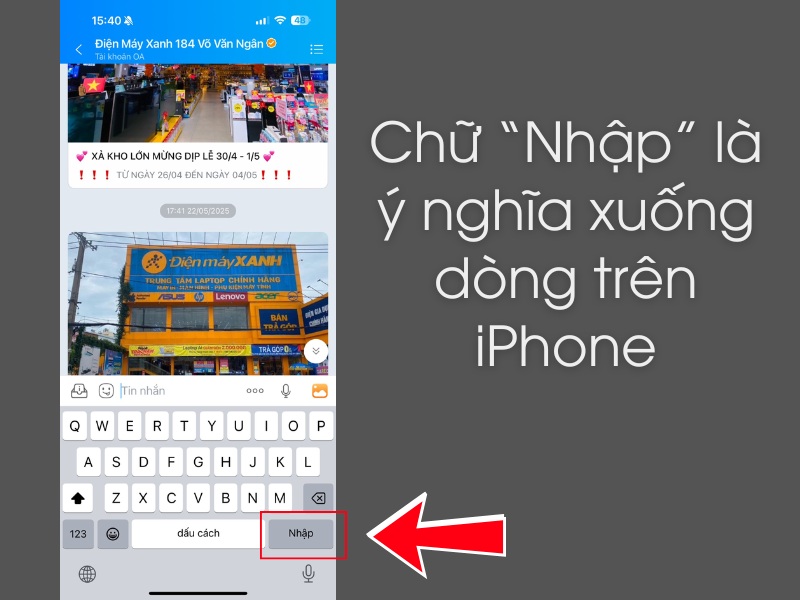 Nhập tr&ecirc;n b&agrave;n ph&iacute;m iPhone l&agrave; tượng trưng cho việc xuống d&ograve;ng trong Zalo