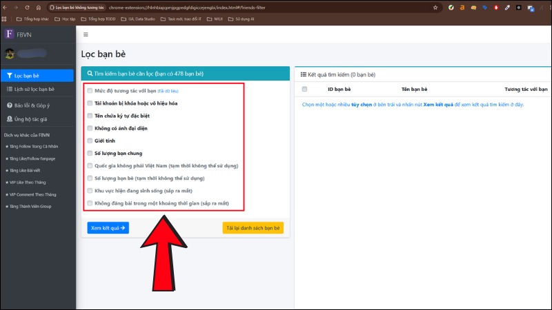 Sau khi đã quét xong thì sẽ có danh sách các lựa chọn để lọc bạn bè Sau khi đã quét xong thì sẽ có danh sách các lựa chọn để lọc bạn bè