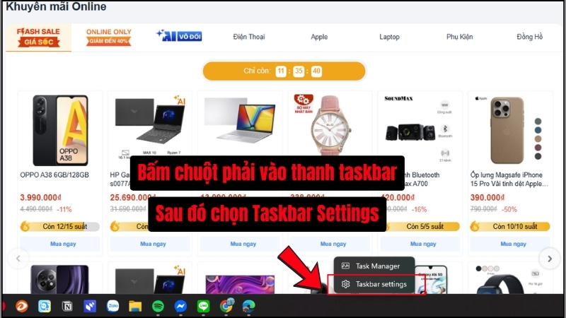 Chọn v&agrave;o Taskbar Settins