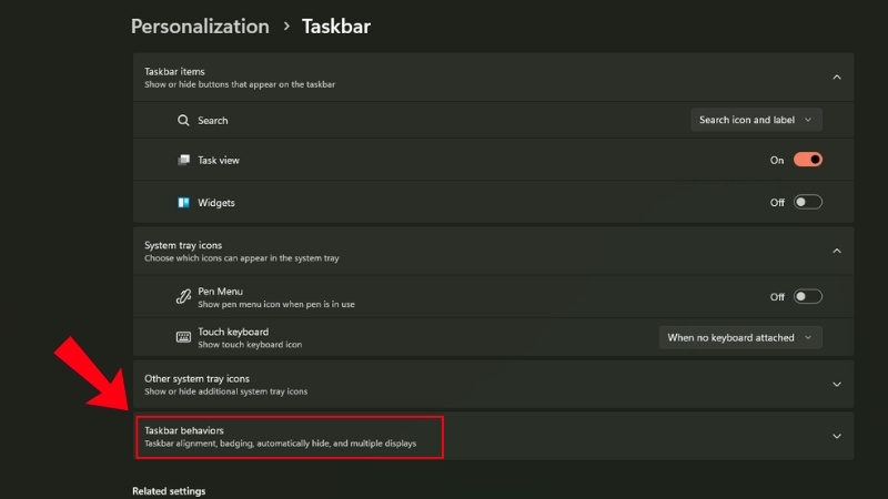 Chọn v&agrave;o Taskbar behaviors