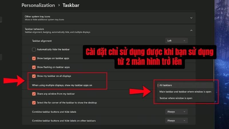 Nếu bạn đang sử dụng từ 2 m&agrave;n h&igrave;nh trở l&ecirc;n sẽ c&oacute; th&ecirc;m c&aacute;c c&agrave;i đặt
