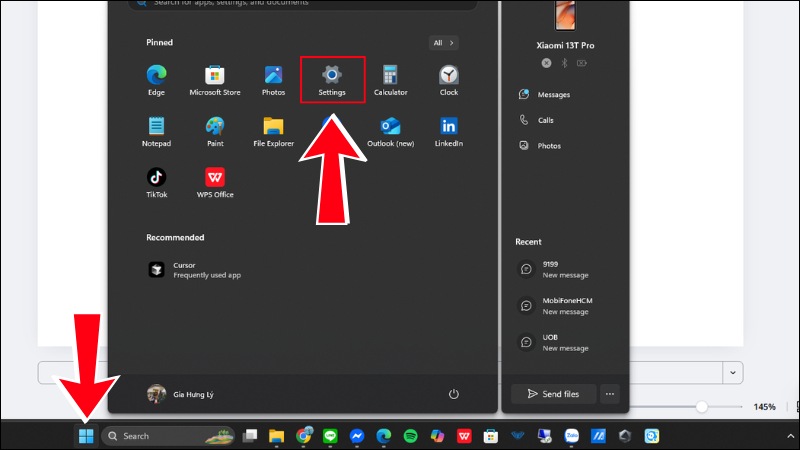 Bấm v&agrave;o k&yacute; hiệu Windows (h&igrave;nh &ocirc; cửa sổ) v&agrave; bấm chọn v&agrave;o Setting