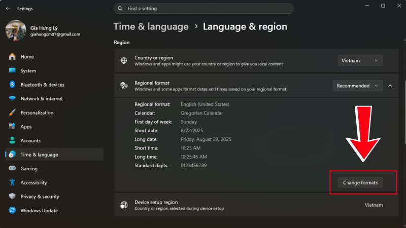 Tại phần Region Format bạn h&atilde;y chọn v&agrave;o Change format.