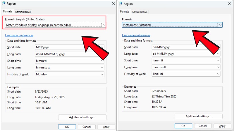 Tại phần Format h&atilde;y chọn sang Vietnamese (Vietnam)
