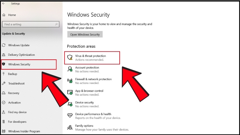 Chọn Windows Sercurity, sau đ&oacute; chọn tiếp v&agrave;o Virus & threat Protection