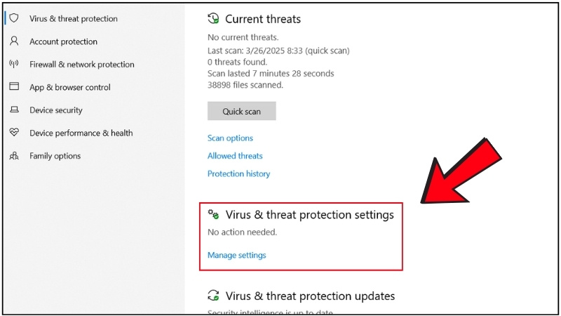 Tại Virus & threat Protection, bạn chọn v&agrave;o Manage Setting
