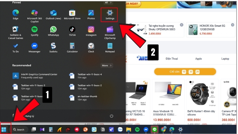 Chọn biểu tượng Windows (góc dưới bên trái màn hinh), sau đó chọn Settings Chọn biểu tượng Windows (góc dưới bên trái màn hinh), sau đó chọn Settings