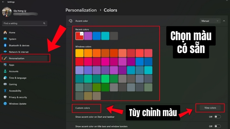 Chọn vào Personalization, sau đó chọn màu ưu thích Chọn vào Personalization, sau đó chọn màu ưu thích