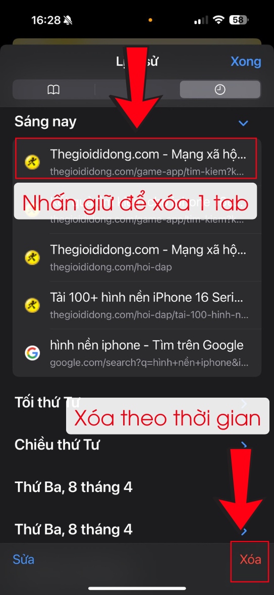 X&oacute;a 1 tab bằng c&aacute;ch nhấn giữ tab cần x&oacute;a hoặc X&oacute;a theo 1 khoảng thời gian.