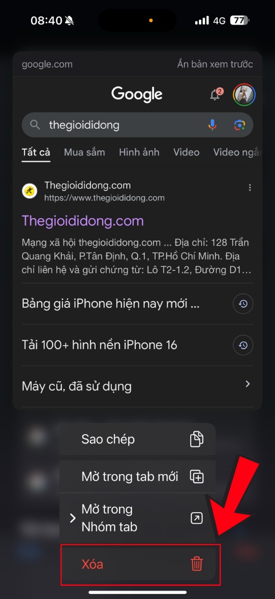 Chọn v&agrave;o X&oacute;a với 1 tab