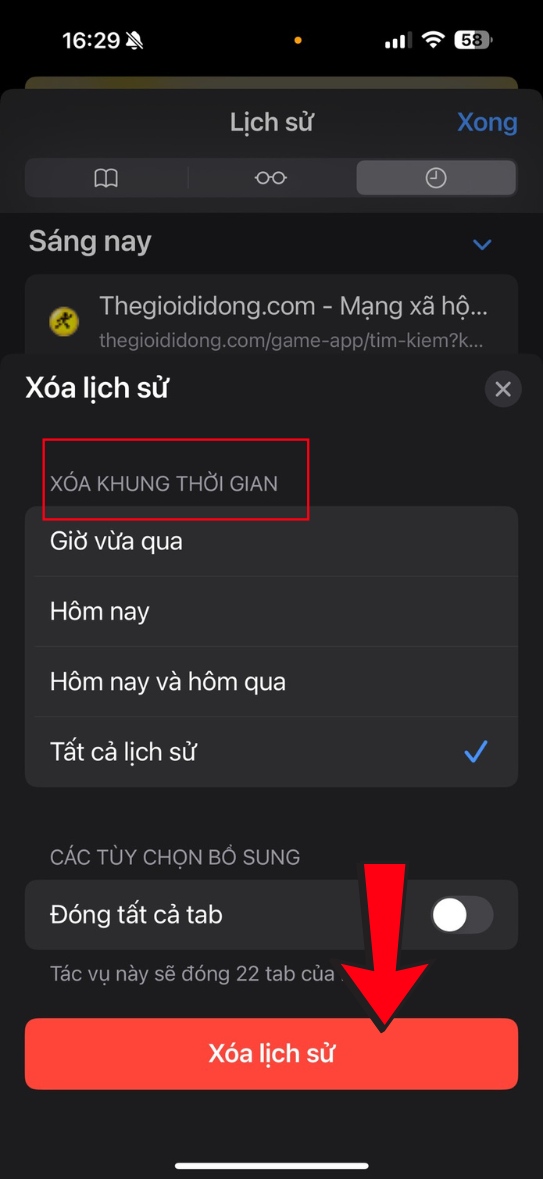 chọn khung thời gian cần x&oacute;a v&agrave; chọn X&oacute;a Lịch Sử