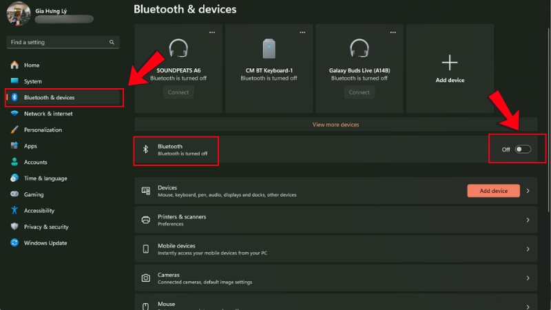 Chọn Bluetooth &&nbsp;Devices > Click chuột để bật bluetooth