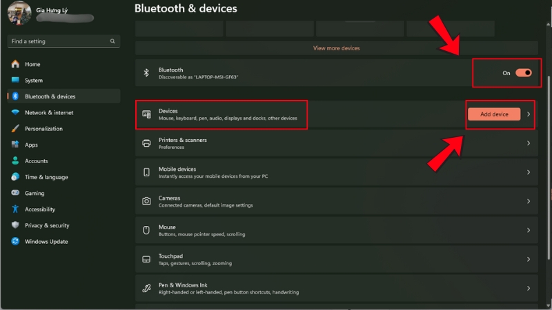 Sau khi đ&atilde; bật Bluetooth th&igrave; chọn Add device