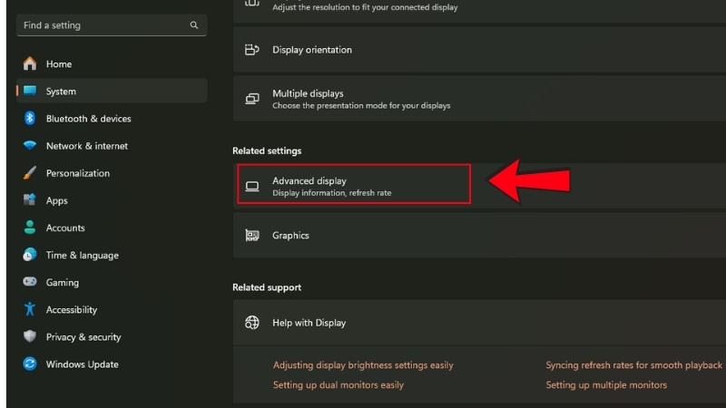 Bước 3: K&eacute;o xuống v&agrave; nhấn v&agrave;o Advanced display&nbsp;