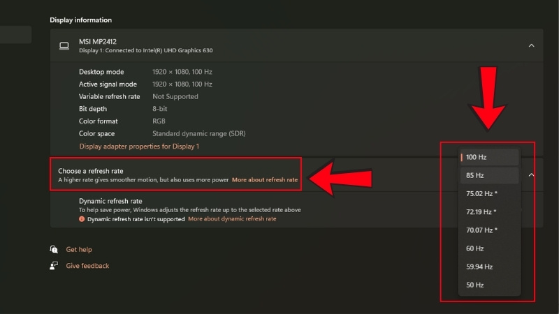 Tại mục Choose a refresh rate th&igrave; bạn h&atilde;y chọn tần số qu&eacute;t m&agrave;n h&igrave;nh m&agrave; m&igrave;nh muốn