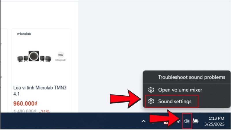 Nhấn chuột phải vào biểu tượng loa và chọn Sound Settings Nhấn chuột phải vào biểu tượng loa và chọn Sound Settings