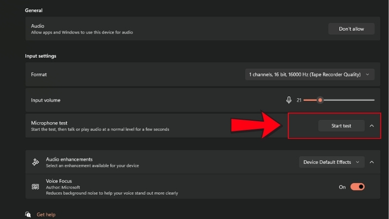 Tìm dòng Microphone Test và bấm vào Start Test Tìm dòng Microphone Test và bấm vào Start Test