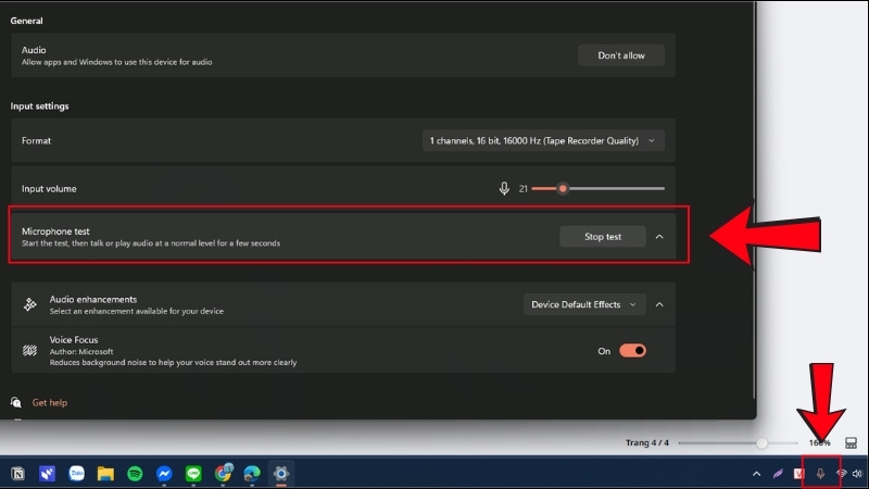 Chữ Start Test sẽ chuyển thành Stop Test nghĩ là đang thử nghiệm ghi âm Chữ Start Test sẽ chuyển thành Stop Test nghĩ là đang thử nghiệm ghi âm