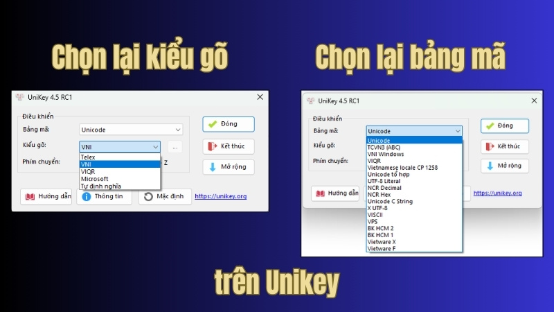 Chọn lại kiểu g&otilde; v&agrave; bảng m&atilde; tr&ecirc;n Unikey
