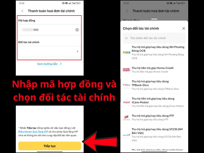 Nhập m&atilde; hợp đồng v&agrave; chọn đối t&aacute;c t&agrave;i ch&iacute;nh