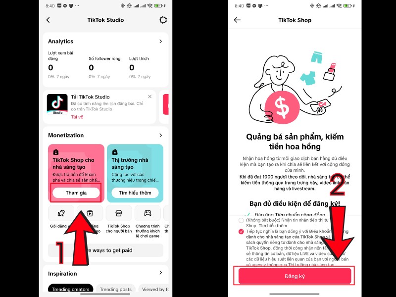 Tiktok shop cho nh&agrave; s&aacute;ng tạo h&atilde;y chọn v&agrave;o Tham gia