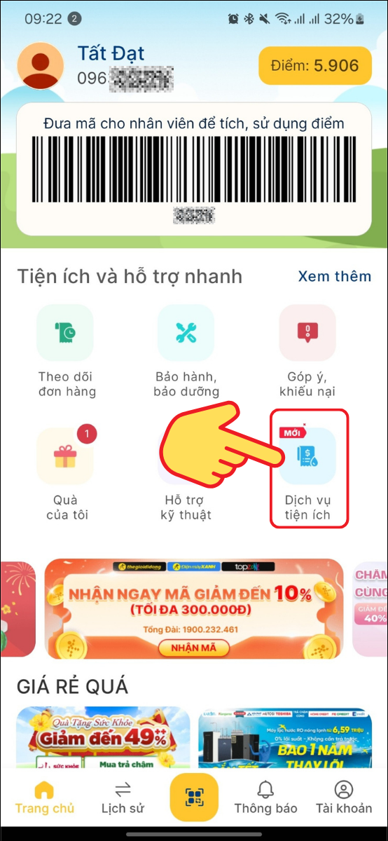 V&agrave;o ứng ứng Qu&agrave; tặng VIP > Chọn Dịch vụ tiện &iacute;ch