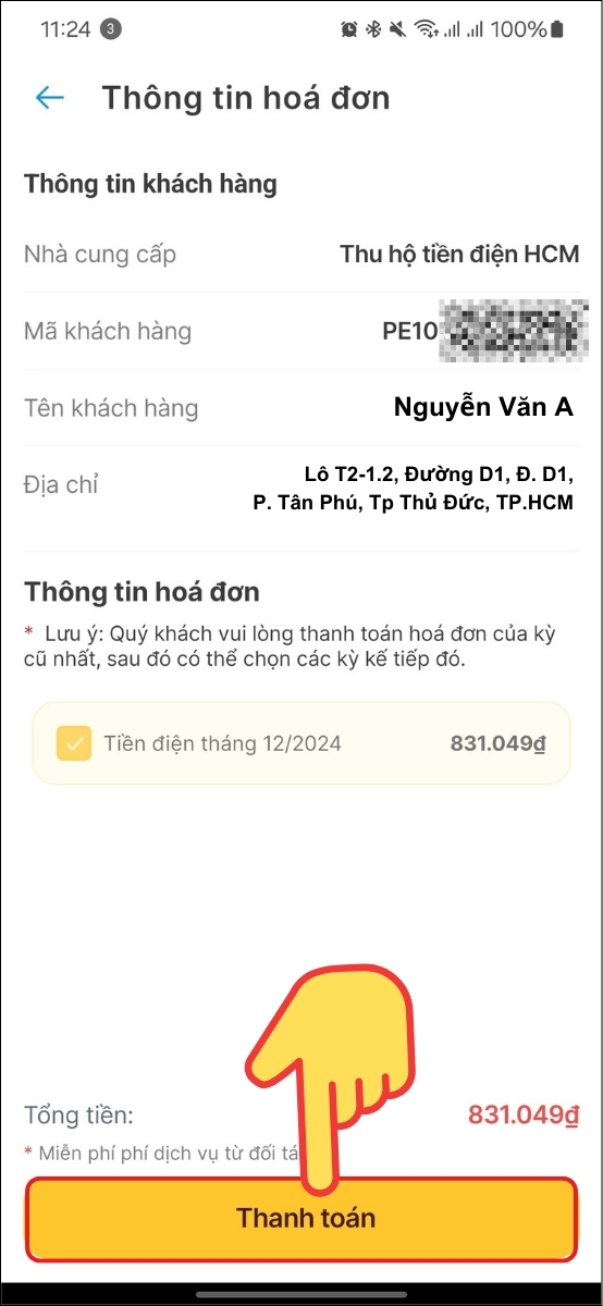 Kiểm tra lại th&ocirc;ng tin h&oacute;a đơn  > Chọn Thanh to&aacute;n