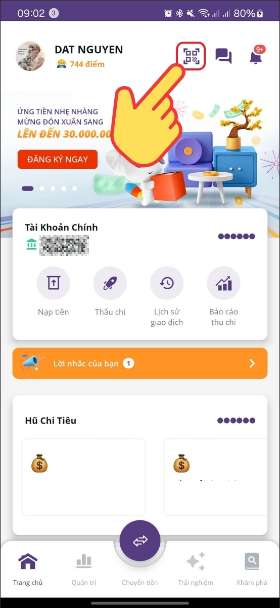 V&agrave;o ứng dụng ng&acirc;n h&agrave;ng hoặc v&iacute; điện tử > Chọn t&iacute;nh năng qu&eacute;t QR Code