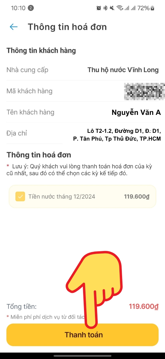 Kiểm tra lại th&ocirc;ng tin h&oacute;a đơn > Chọn Thanh to&aacute;n
